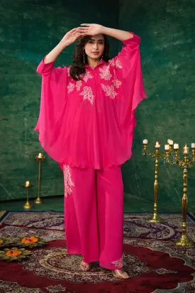 Bright Pink Embroidered Spanish Silk Co-Ord Set